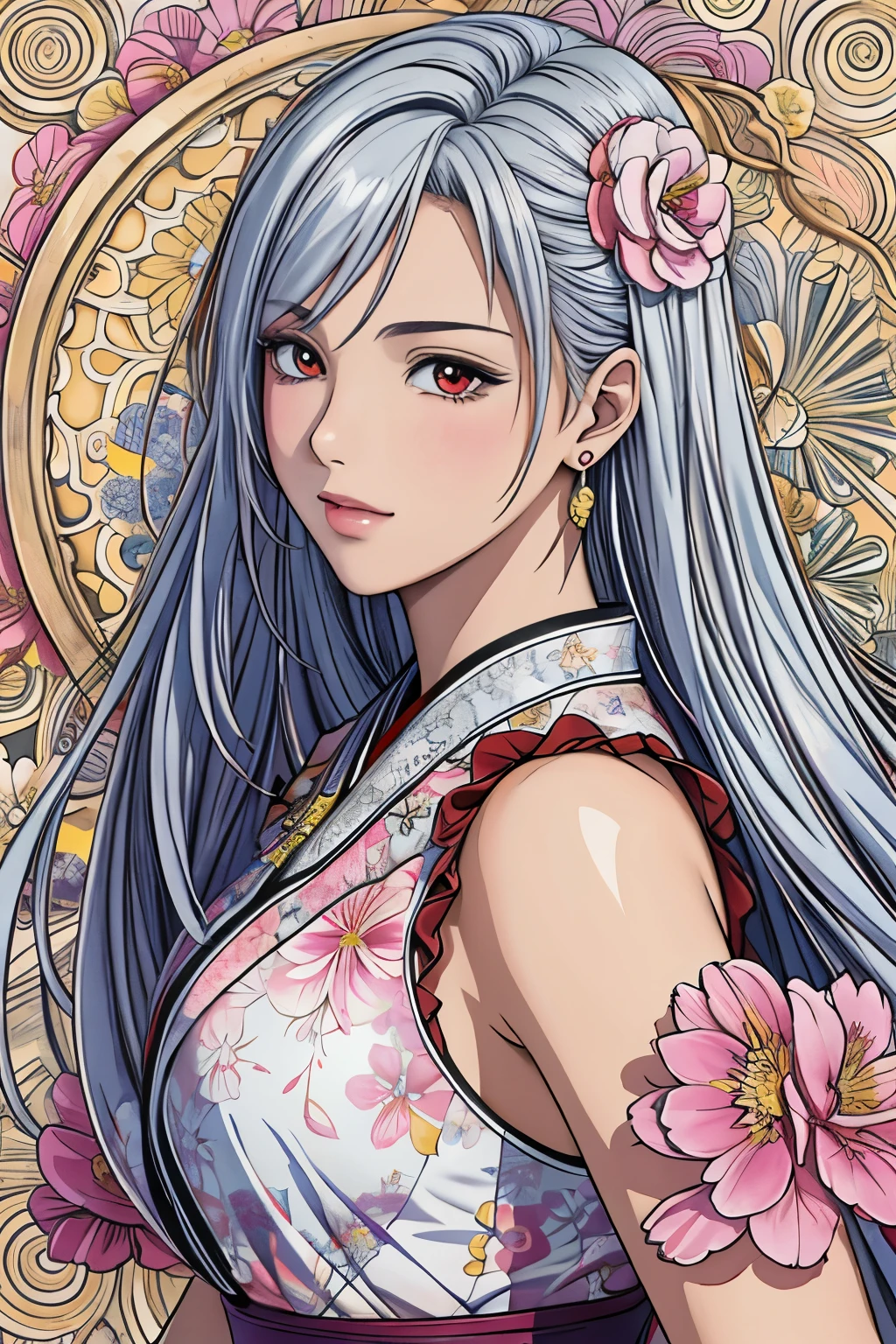 (​masterpiece, top-quality, top-quality, Official art, Beautifully Aesthetic:1.2), red eyes, (highest quality, masterpiece painting:1.3), immature woman, 16 years old, (half body shot), masterpiece, ultra high resolution, (((Flower frame, A lot of flowers in the frame))), Decorative panel, abstract art, (shot from a side angle), (Photoreal:1.0), ((light silver hair)),straight hair, beautiful shining hair, white and shining skin, Painterly, sketch, Texture, 超A high resolution, solo, Beautuful Women, A highly detailed, (Fractal Art:1.1), (colourfull:1.1), (florals:1.6), The most detailed, (Zentangle:1.2), (Dynamic Poses), (Abstract background:1.3), (shinny skin), (Many colors:0.8), (earrings:1.4), (pluma:0.9), Taisho romance