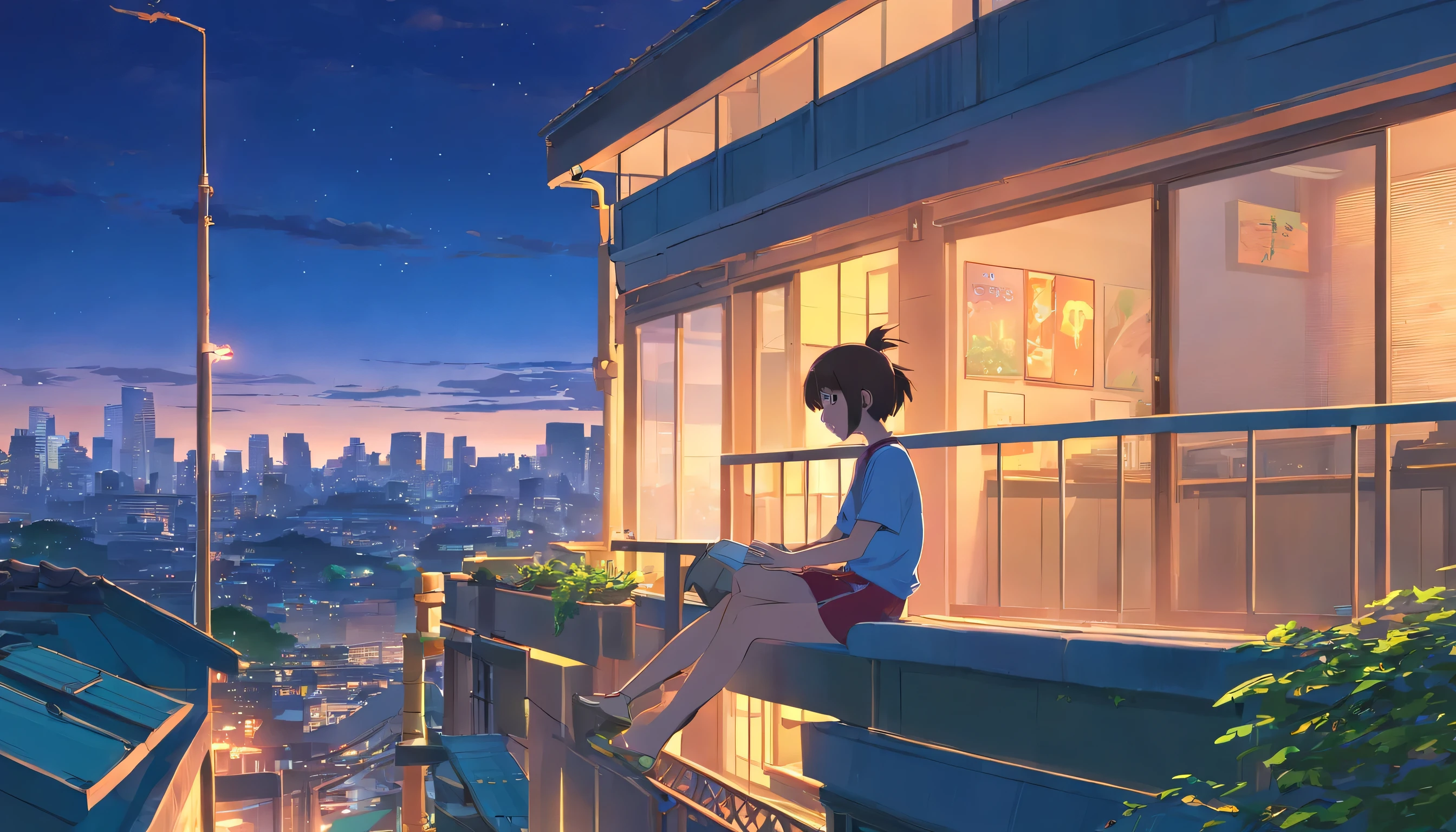 A girl sitting on the balcony. , sentir y ver la vista exterior  , enfocando la ciudad por la noche  ,Al estilo del arte de los juegos 2D. ,barbilla 50, con auriculares en la oreja , listing the song  , Noche, ColouComplete animation skills, with a dog sitting next to the 