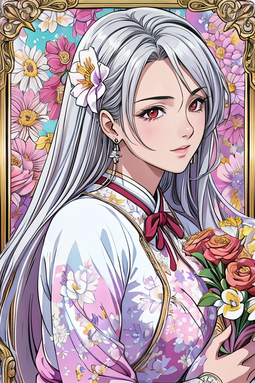 (masterpiece, top-quality, top-quality, Official art, Beautifully Aesthetic:1.2), red eyes, (highest quality, masterpiece painting:1.3), immature woman, 16 years old, (half body shot), masterpiece, ultra high resolution, (((Flower frame, A lot of flowers in the frame))), Decorative panel, abstract art, (shot from a side angle), (Photoreal:1.0), ((light silver hair)),straight hair, beautiful shining hair, white and shining skin, Painterly, sketch, Texture, 超A high resolution, solo, Beautuful Women, A highly detailed, (Fractal Art:1.1), (colourfull:1.1), (florals:1.6), The most detailed, (Zentangle:1.2), (Dynamic Poses), (Abstract background:1.3), (shinny skin), (Many colors:0.8), (earrings:1.4), (pluma:0.9), Taisho romance