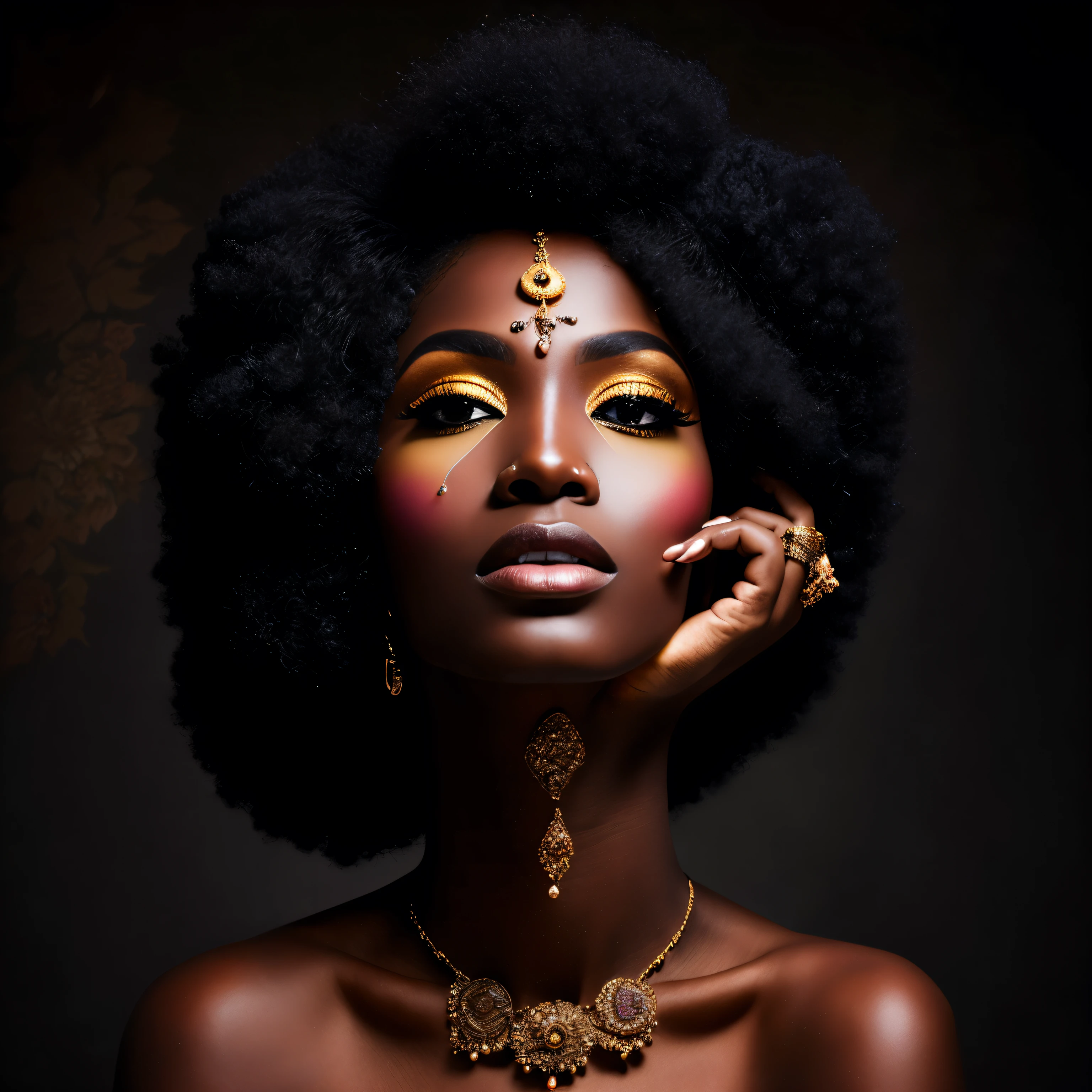 An exquisitely detailed photo of a stunningly beautiful and youthful 35-year-old Black woman, adorned in elegant makeup, in the captivating Afro-futuristic style. Her golden eyes sparkle with life and vitality, nestled in the rich hues of her deeply textured, bronzed skin. The essence of grace and sophistication is embodied in thismasterpiece, created with a mastery of hues and a raw, intricate level of detail, reminiscent of National Geographic cover art. The background is a harmonious blend of muted earth tones, evoking a sense of serenity and harmony. The focus of the image is undeni