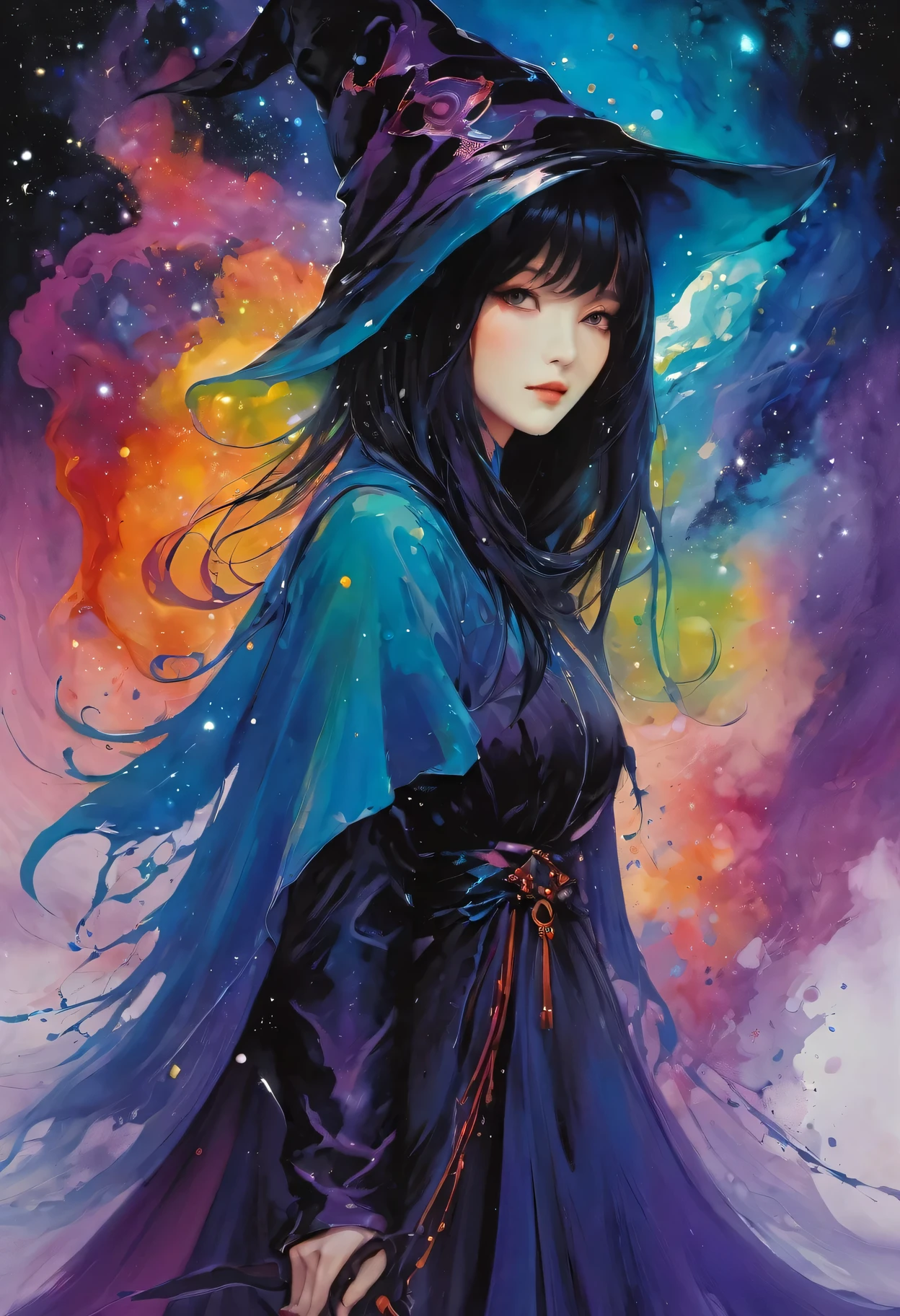 （Beautiful mysterious witch），Mixed media abstract artwork，mysterious style，（art），（Apply nebula color on canvas 1.2），[Thick，Wet，Shiny dripping paint]，ink，Pencil Shadow，Awards，（Perfect composition），（nebula：0.5），（galaxy：0.5）