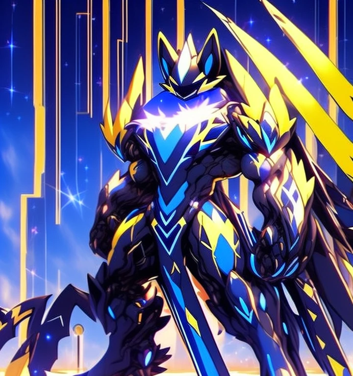 Zeraora's giant robot.
(masterpiece, best quality, detailed:1.2)
(Pokémon)
Powered exoskeleton with the same design as Zeraora
big muscle,
GIANT,
pecs, triceps, traps, waist narrow.
with huge golden laser sword,
body full of huge muscles.
also have a black cloak on my back.
The black cloak is so long that it touches the ground,
showing off muscles,
mechs,
Correct limbs,
detailed full body,
Very muscular,
Large pecs,
Heavyweight,
big bump,
sparkling skin,
Vibrant colors, 4K,
Furry Heroes,
Main is yellow COLOR