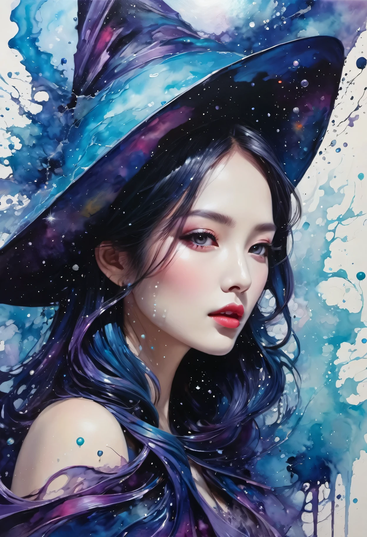 （Beautiful mysterious witch），Mixed media abstract artwork，mysterious style，（art），（Apply nebula color on canvas 1.2），[Thick，Wet，Shiny dripping paint]，ink，Pencil Shadow，Awards，（Perfect composition），（nebula：0.5），（galaxy：0.5）