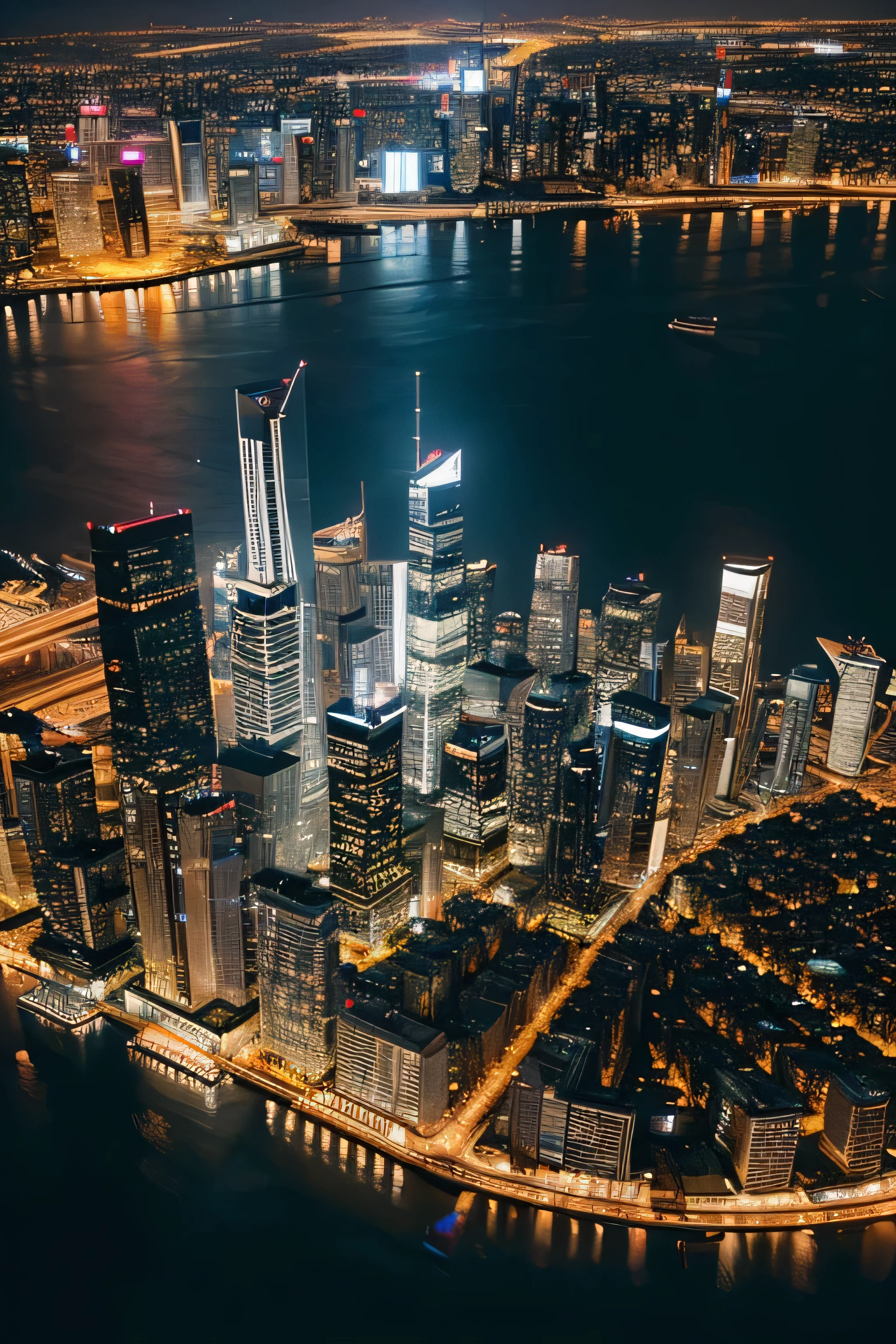 Brightly lit cityscape at night, Aerial photo of skyscrapers，Photographic works，High-definition realism