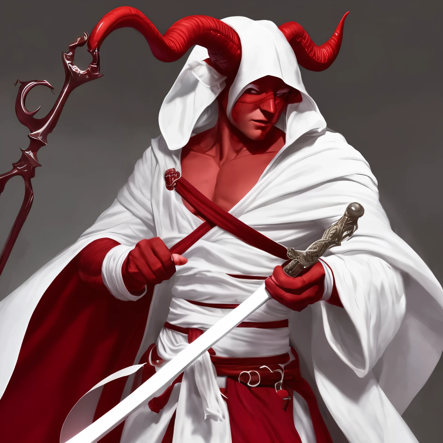 A red tiefling who is blindfolded by a white blindfold while wearing a white robe while holding a longsword in his right hand and a Judge's scales in his left hand