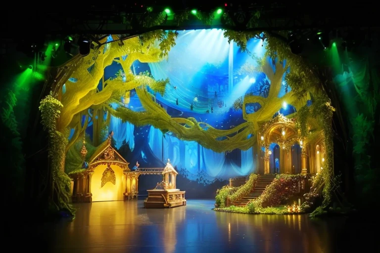 There is a stage,There is a stable and a mill forest on the stage, The back of the scene element, Play the harp in the enchanted forest, Fairytale Forest, theater stage, footage of a theatre stage, Detailed set design