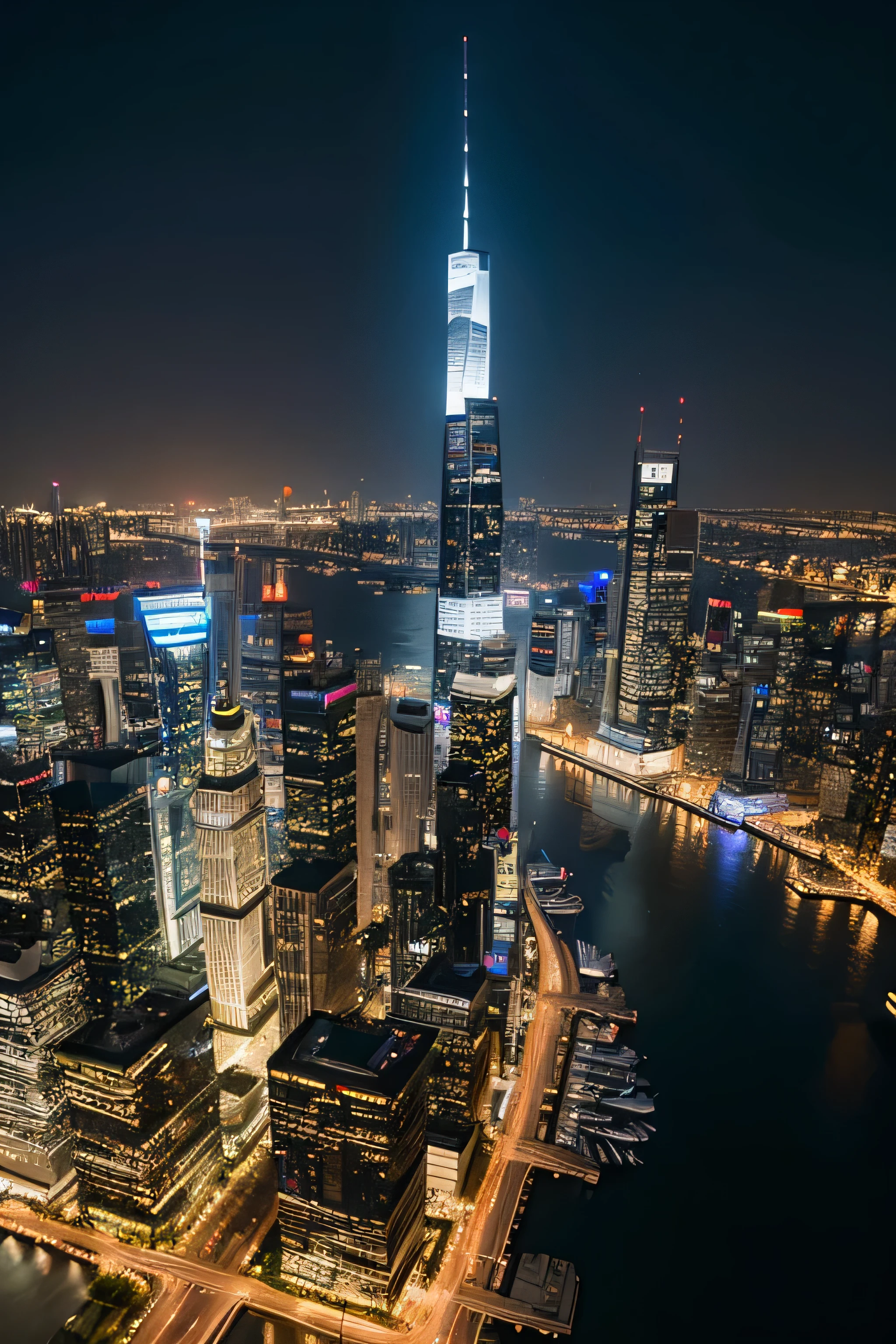 Brightly lit cityscape at night, Aerial photo of skyscrapers，Photographic works，High-definition realism