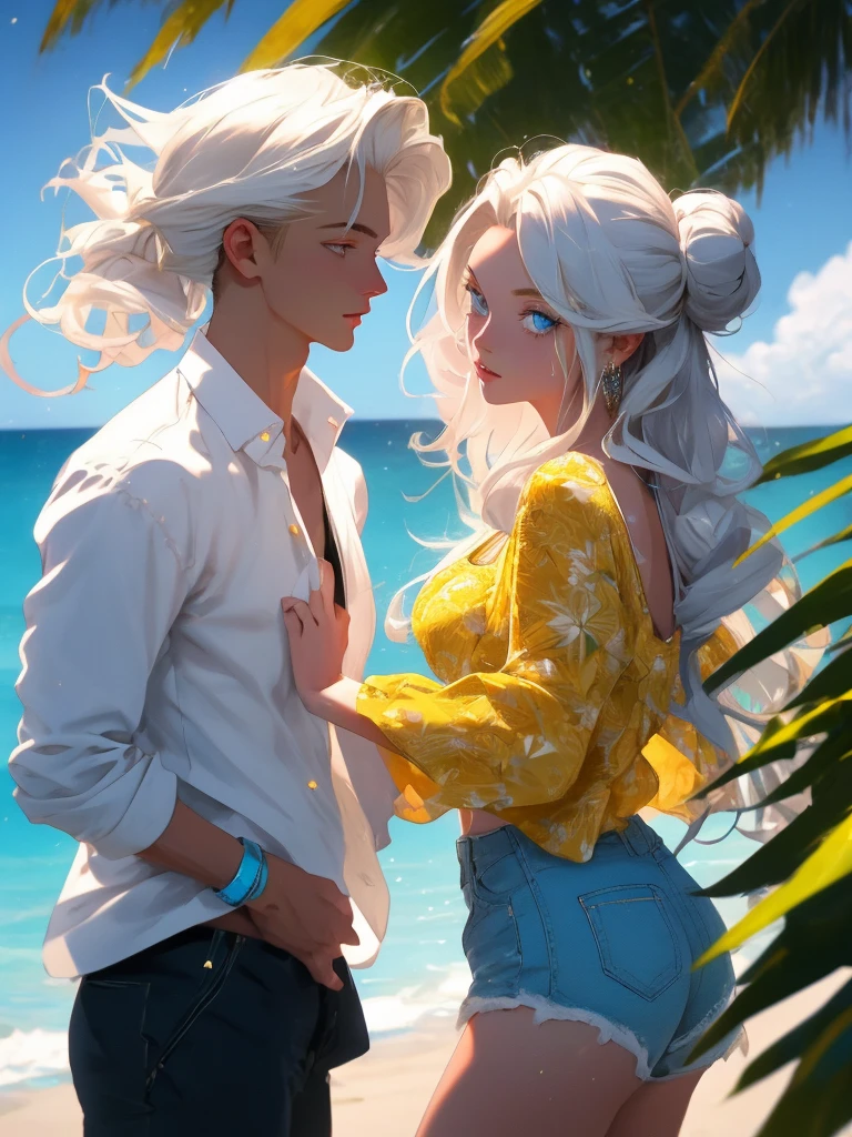 A couple in love. 1 young man 1 young woman. A tropical beach. A tall, handsome young man - platinum blond with long straight white hair, clear blue eyes, he is dressed in an unbuttoned white shirt, the sleeves of which are rolled up to the elbow, and beach shorts. An incredibly beautiful young femme fatale with long golden hair gathered in a careless bun. She has blue eyes and is wearing a yellow bikini. They are happy, in love with each other. Masterpiece, perfect image, realistic shots, detailed study of the face, full-length image, 8k, detailed image. extremely detailed illustration, a real masterpiece of the highest quality, with careful drawing.