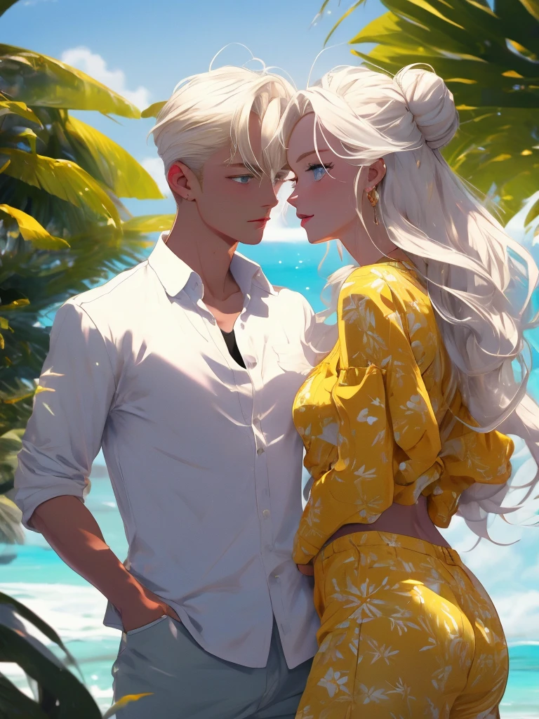 A couple in love. 1 young man 1 young woman. A tropical beach. A tall, handsome young man - platinum blond with long straight white hair, clear blue eyes, he is dressed in an unbuttoned white shirt, the sleeves of which are rolled up to the elbow, and beach shorts. An incredibly beautiful young femme fatale with long golden hair gathered in a careless bun. She has blue eyes and is wearing a yellow bikini. They are happy, in love with each other. Masterpiece, perfect image, realistic shots, detailed study of the face, full-length image, 8k, detailed image. extremely detailed illustration, a real masterpiece of the highest quality, with careful drawing.