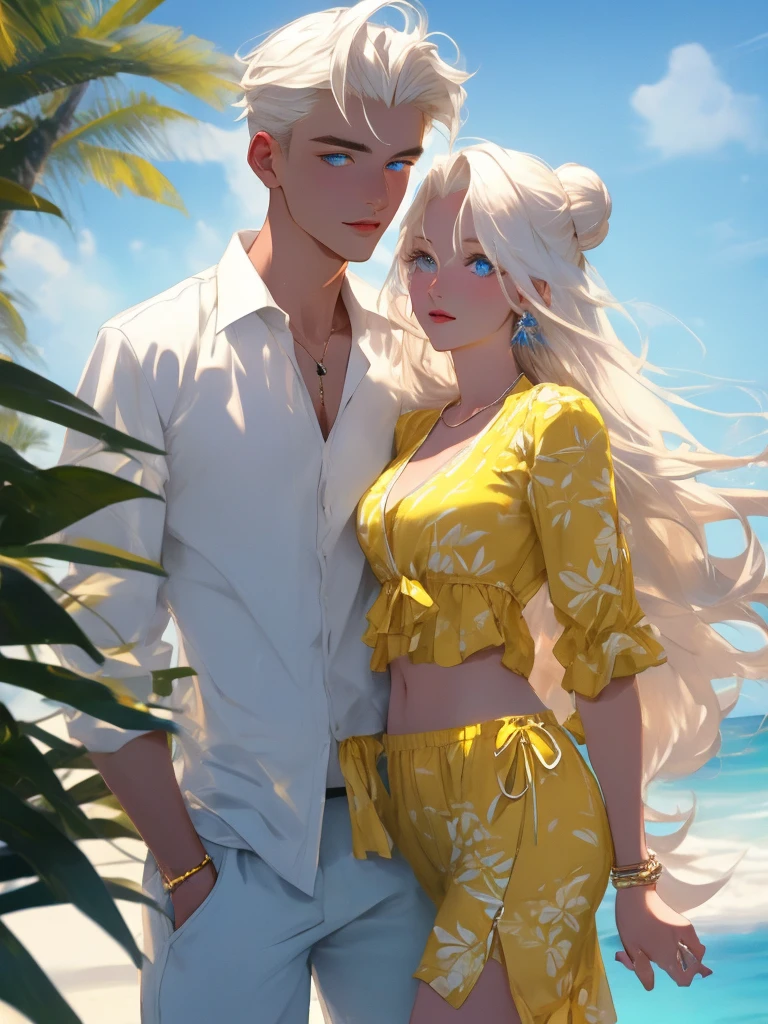 A couple in love. 1 young man 1 young woman. A tropical beach. A tall, handsome young man - platinum blond with long straight white hair, clear blue eyes, he is dressed in an unbuttoned white shirt, the sleeves of which are rolled up to the elbow, and beach shorts. An incredibly beautiful young femme fatale with long golden hair gathered in a careless bun. She has blue eyes and is wearing a yellow bikini. They are happy, in love with each other. Masterpiece, perfect image, realistic shots, detailed study of the face, full-length image, 8k, detailed image. extremely detailed illustration, a real masterpiece of the highest quality, with careful drawing.