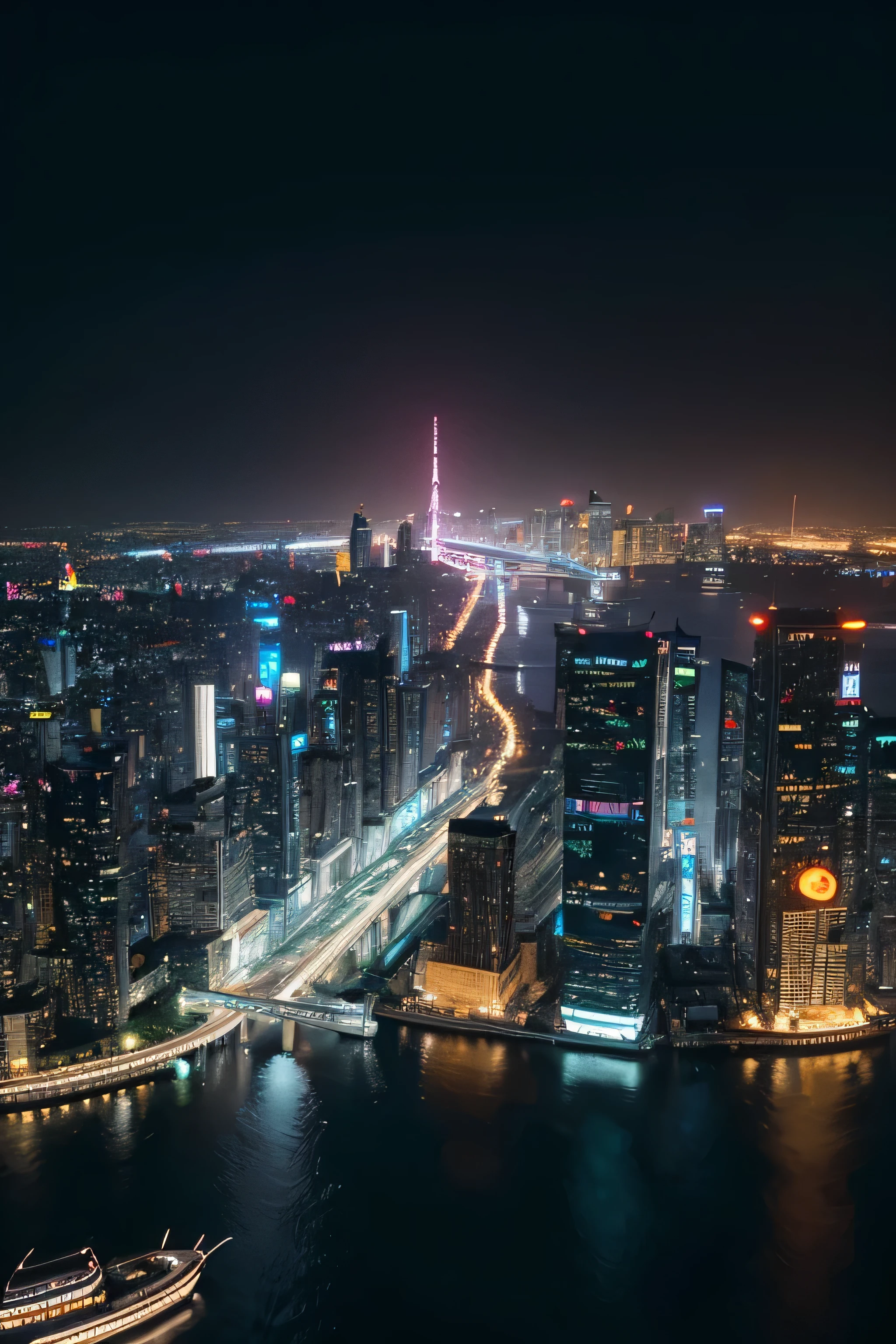 Creating a surreal cityscape at dusk, The dazzling lights of the city illuminate the silence, The river is like a mirror. The setting is futuristic, Cyberpunk city with neon lights and flying machines