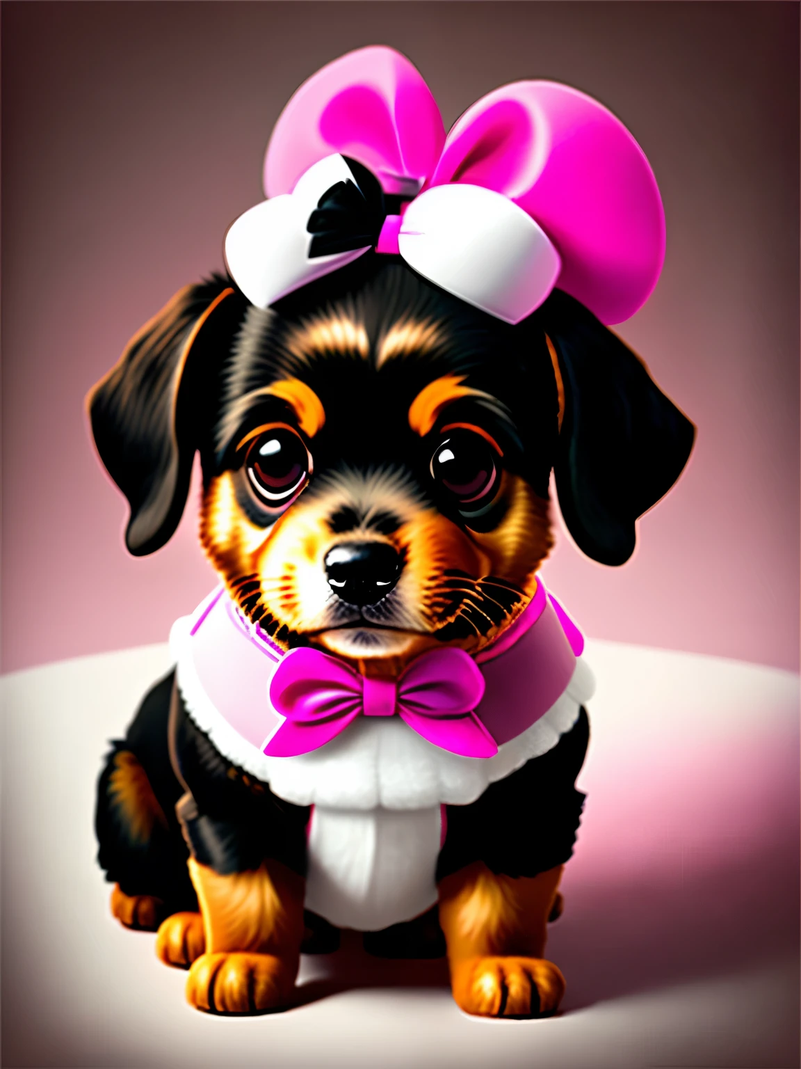 Create a black and brown Yorkshire dog with white paws, pink bow on head, pixar style
