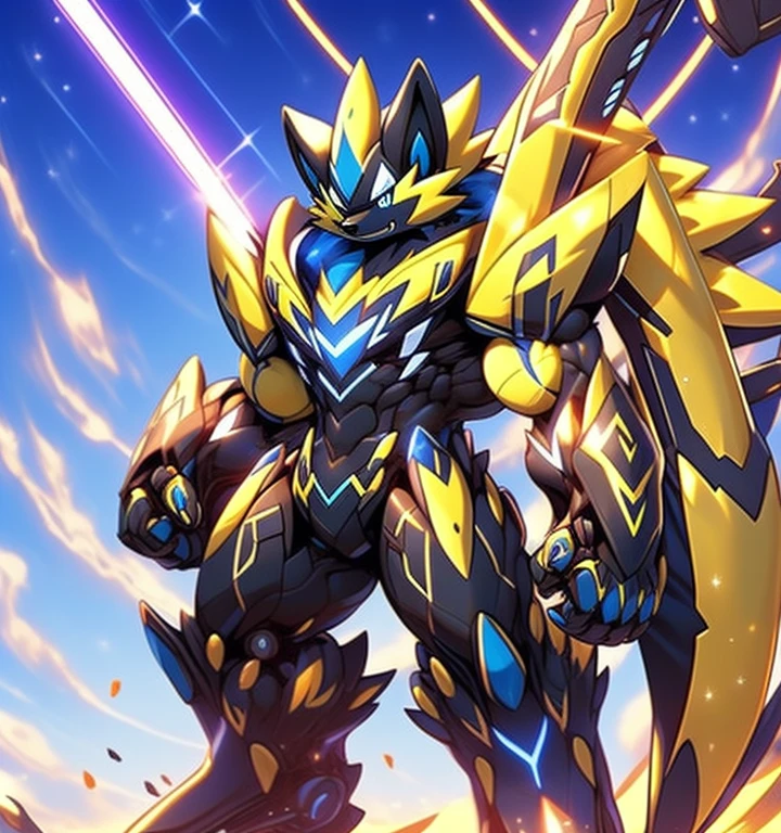 Zeraora's giant robot.
(masterpiece, best quality, detailed:1.2)
(Pokémon)
Powered exoskeleton with the same design as Zeraora
big muscle,
GIANT,
pecs, triceps, traps, waist narrow.
with huge golden laser sword,
body full of huge muscles.
also have a black cloak on my back.
The black cloak is so long that it touches the ground,
showing off muscles,
mechs,
Correct limbs,
detailed full body,
Very muscular,
Large pecs,
Heavyweight,
big bump,
sparkling skin,
Vibrant colors, 4K,
Furry Heroes,
Main is yellow COLOR