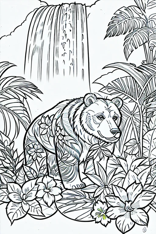 charismatic bear a lush tropical forest and a distant waterfall, vibrant with exotic flowers and greenery, ((white background)), only outlines used, lines, coloring book, clean lines, background. White, Sketch style, Coloring page for adult, clean line art high detailed, no background, white, black, coloring book, sketchbook, realistic sketch, free lines, on paper, no color.