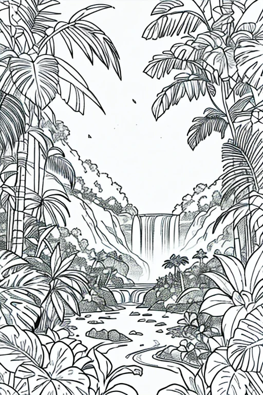 charismatic bear a lush tropical forest and a distant waterfall, vibrant with exotic flowers and greenery, ((white background)), only outlines used, lines, coloring book, clean lines, background. White, Sketch style, Coloring page for adult, clean line art high detailed, no background, white, black, coloring book, sketchbook, realistic sketch, free lines, on paper, no color.