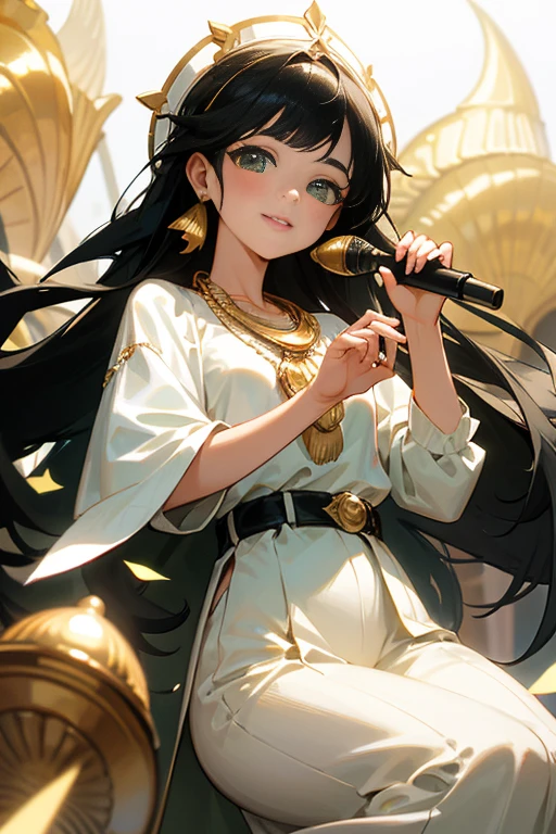 Gypsy with green eyes and black hair, White blouse with gold medal、Shell Necklace.Gazing at the audience、Sharp eyes、Clean your eyes、Lip gloss、A kind smile、sing、