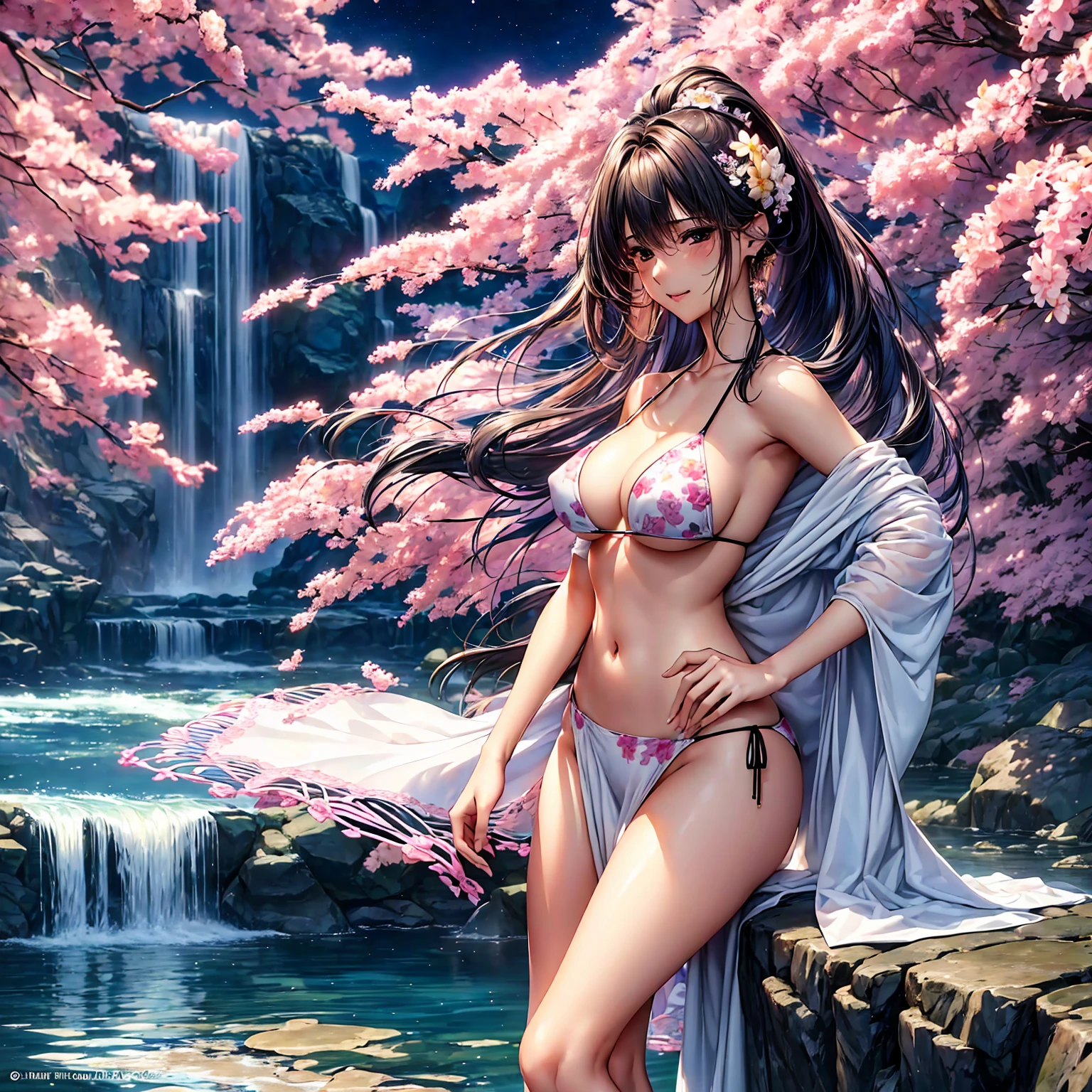 (((highest quality、masterpiece、Very high resolution、Highly detailed images)))、Beauty Painting,A woman of perfect and ultimate beauty:18-year-old, Beautiful body,Beautiful breasts:F Cup、Beautiful Face:smile、Various Hair Styles、Best skin and hair texture、((Bikini Swimwear:かわいい紐Bikini Swimwear:Floral)),Mystical Waterfront:Beautiful waterfall and flowers blooming in summer,Night Sky:Starry Sky,Natural light,Beautiful views,Beautiful colors,Model shoot:Beautiful pose,Hair blowing in the wind,Overall image、Accurate Images、Accurate anatomy、Flawless images,Perfect image,Overall image,(Best Shot,RAW Photos:1.2)