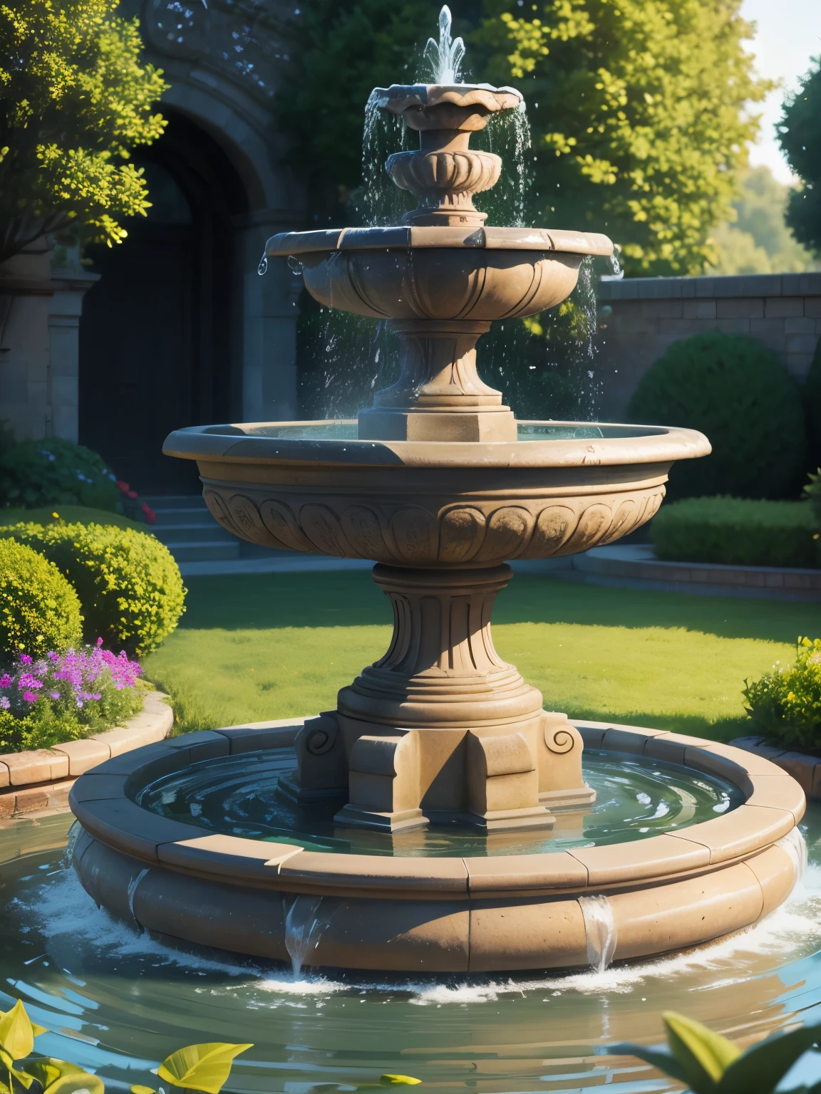 fountain, garden, ultra detailed, high quality, 8k resolution