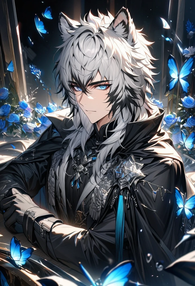 (absurdres, highres, ultra detailed, HDR) master piece, best quality, perfect face, Silverash, white hair with black bangs, vibrant blue eyes, white tiger ears, Arknights, solo, man, handsome, black clothes, black cape, black gloves, glass flowers, glass petals, glass butterflies, glass, everything made of glass
