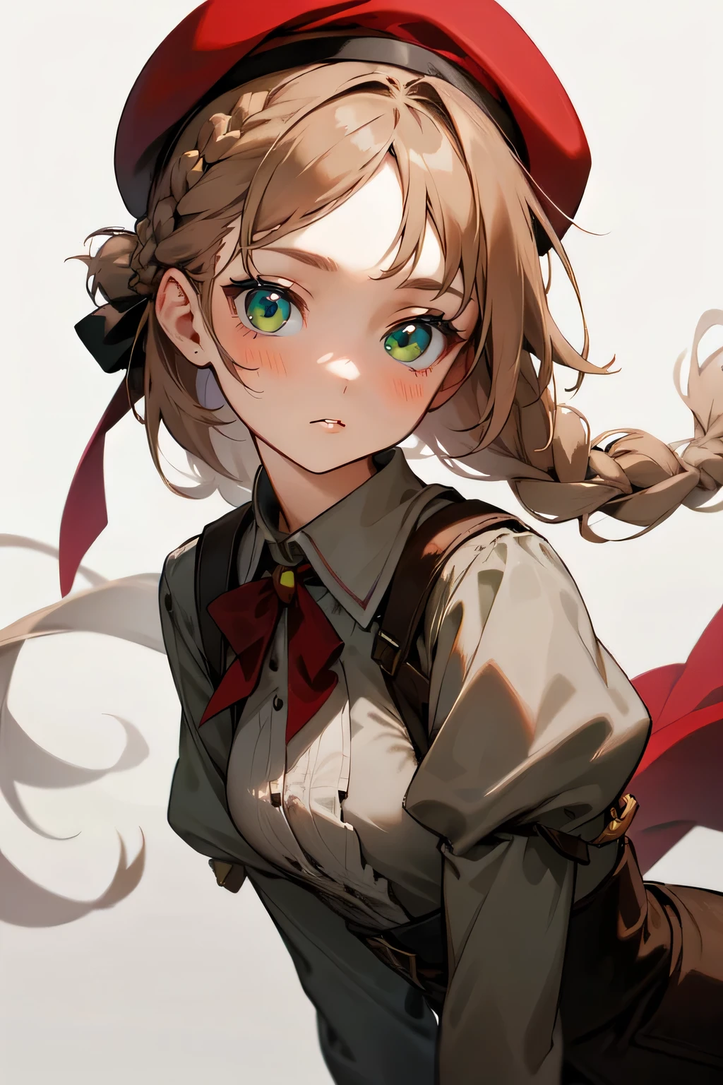 1girl, plain appearence, long light brown french braid, green eyes, red beret, grey blouse, bored, fantasy