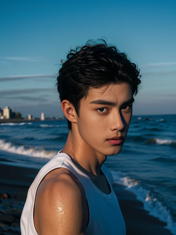 best qualtiy,tmasterpiece,Ultra-high resolution,(realisticlying:1.4),RAW photogr,Wallpapers,photo of head,The skin,simplebackground,Black eyes,the detail,self-shot, 1 boy,18yr old,Handsome,The sea breeze blows,beachside