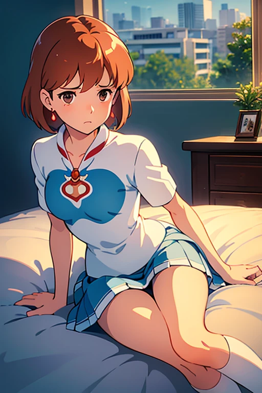 (masterpiece, highest quality, High resolution, 8k, Realistic), High School Girl Nausicaa, very cute, Sad expression, beautiful girl, Pure, Baby Face, blush, alone, Brown Hair, short hair, Red Gem Earrings, Puzzled, Secret Feelings, Moist eyes, (Looking at the audience), Cleavage, Beautiful breasts, (High School Girl Uniform, mini skirt,Knee-high socks), Perfect beauty, Slim body, Luxury hotel suites, (Perfectly detailed anatomy, Beautiful and elaborate face&eye:1.5, Shiny skin, Perfect body)、White underwear、I want to see the whole body