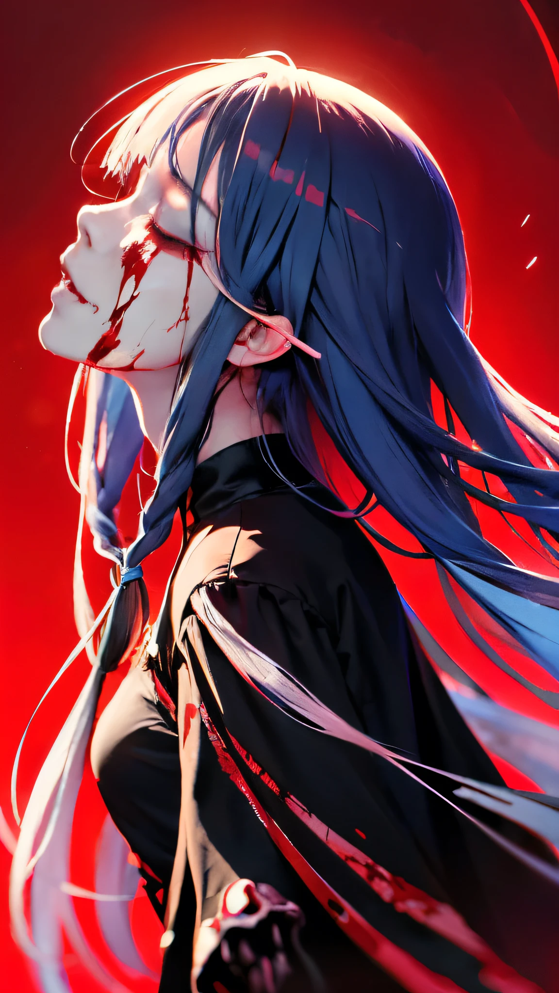 anime girl on a red background, skulls floating around her, long blue hair covered in blood, closed eyes, tears, eerie and grim art style, in the red world of dreams, creepy art style, dreamy psychedelic anime