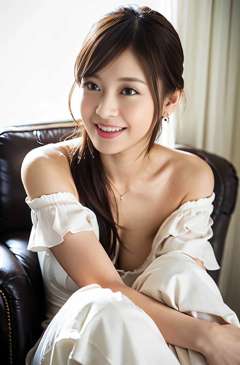 ((8k:1.27)、highest quality、masterpiece、超A high resolution:1.2)Photo Beautiful Japan woman(Comfortable:1.1) grace、good、Gradient lighting、One Girl、Delicate skin、Look at this、Brown eyes、(Short hair with bangs:1.2)、(Large breasts:1.0)、(middle breast wheel:0.8)、(Realistic:1.4)、(highest quality:1.0)、(超A high resolution:1.0)、8k、Raw photo、(masterpiece:0.2)、(Purelos Face_v1:0.5)、 All Overprint Contrast Colors Dresulti Colors、Red-brown、What can I do for you?、Staring at this、Cocktail、Night Open Cafe、Cafe、Outside the house、Complete darkness、theme、Tilt、Look at this、smile、Crossing your legs、get up、Sit on a chair,
22 years old, 1 person, ((Beautiful announcer,A kind smile:1.2)),
((Gorgeous Earrings, Long Necklace:1.2)),
((An elegant off-the-shoulder dress made of fitted satin fabric.:1.2)),
((sitting in a reclining chair with legs stretched out, Open your legs a little:1.5)),
(Full body image from thigh, Pay attention to the beautiful thighs:1.2),
((Sexy atmosphere, Naughty pose, Staring with an erotic gaze:1.2)),
((Luxurious bedroom in a luxury hotel, White bed, White wall, White floor)),
((The midsummer sun shines on the whole)),
((The large windows overlook the ocean horizon.:1.2)),
Realistic skin texture, Fair skin, Shiny skin, Beautiful skin on legs,
Highly detailed face, Slim face contour, Beautiful small face, Beautiful Nose,
Ultra-detailed eyes, Slit eyes, Brown eyes, double eyelid, Ultra-thin eyebrows, Thin, long eyelashes,
Ultra-detailed lips, Plump and moisturized lips, Glossy pink lips, Flushed Cheeks, ((White beautiful teeth)),
Beautiful actress's languid make-up, Pink lipstick, Smoky eyeshadow, Eye foundation,
Dark Brown Hair, Delicate soft hair, Hair blowing in the wind,
(Elegantly putting your hair up, Medium Short Hair, ponytail:1.2),
Layered Cut, (Blunt bangs:1.2),
((Open your mouth a little, Stick out your tongue a little)), Looking into the camera,
((Raise your face slightly)),
((Squinting)),
((pursing lips:1.2)),
((Blushing:1.2)),