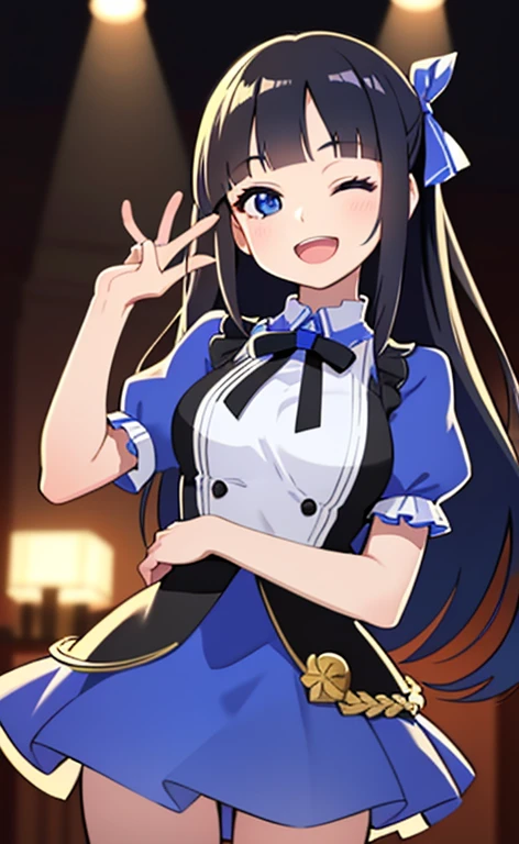 (masterpiece:1.4、top-quality、illustration:1.4,realistic、)、(character focus、breast focus,cowboy shot:1.3)、(1girl),(Open mouth happy smile:1.3),(half closed eyes),cute face,blue eyes、()、
,(stand:1.4),(Shining smile),
,(slender),(idol clothes:1.3),(black middle hair:1.6,blunt bangs,),(hair ribbon1.3), (medium breasts:1.3)、stage
、slender、