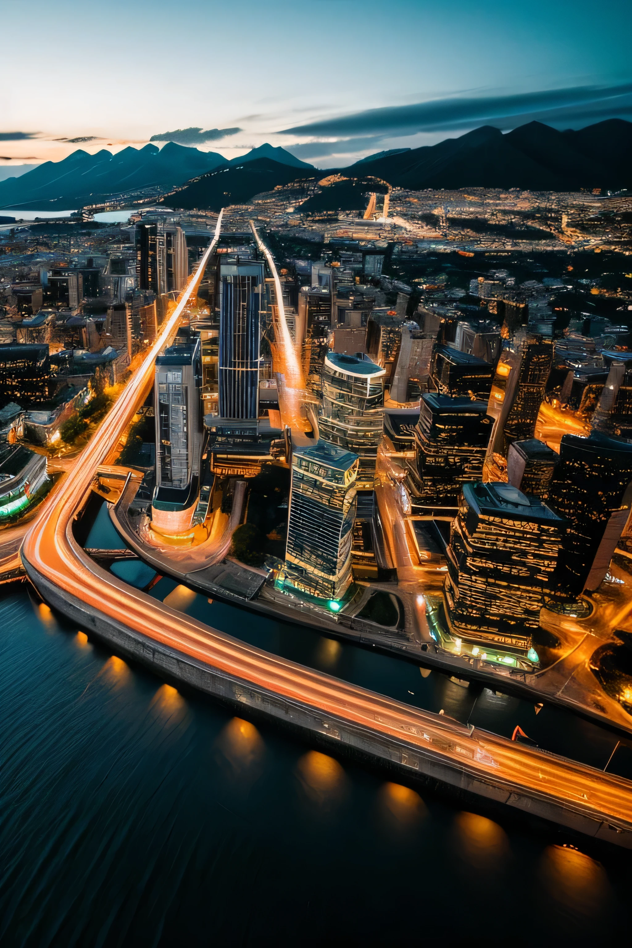Professional photos, Aerial view of the cityscape of a large city in the center of the island, Dramatic lighting, dark, Railway and, Mountain々
