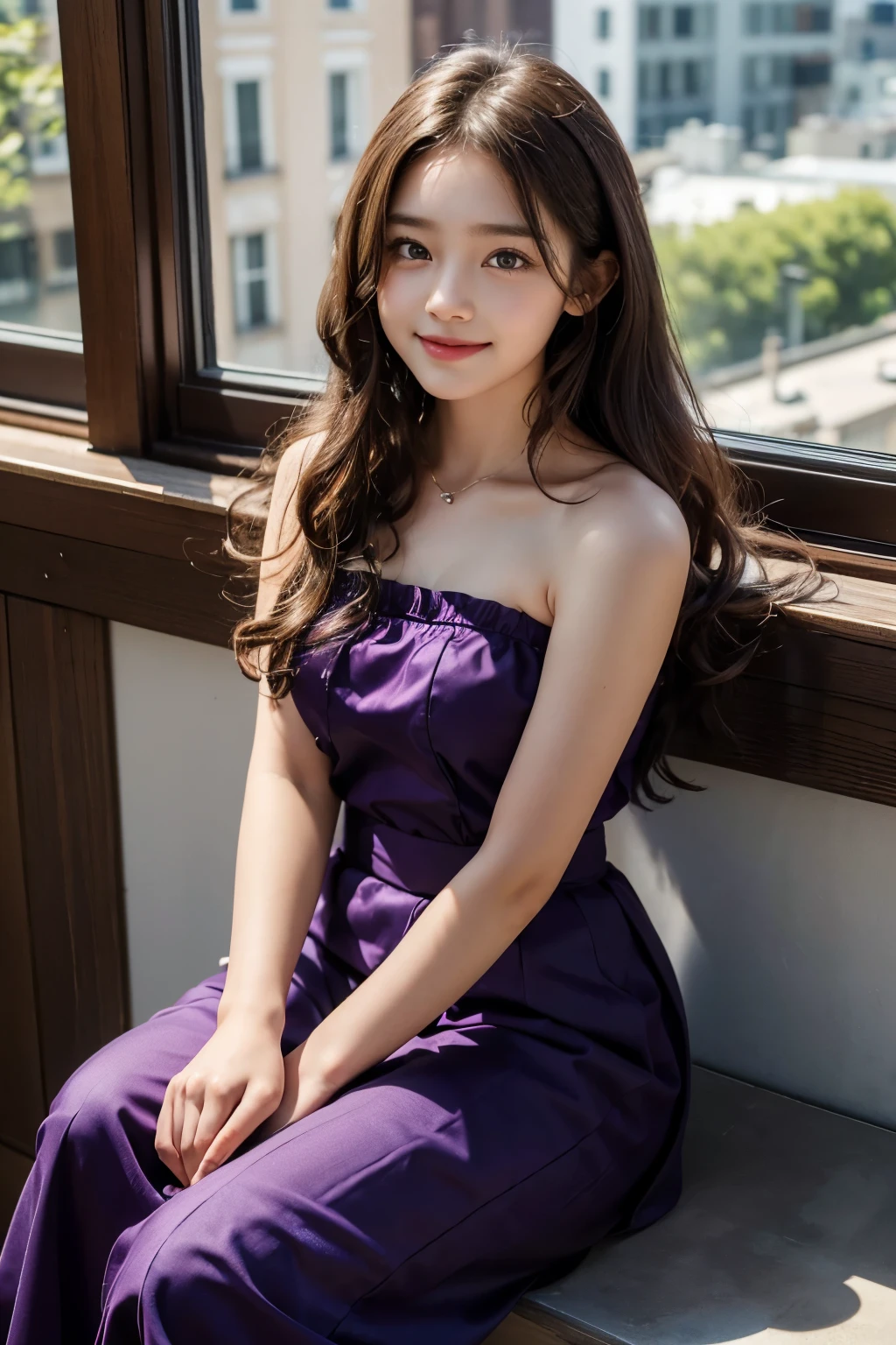 Professional, (4k photos:1.1) 、((preteen)), masutepiece, Best Quality, Beautiful Girl, Curly hair, Long hair, Purple eyes, Strapless blouse, long skirt, Smile of shame, Sitting on the windowsill、
