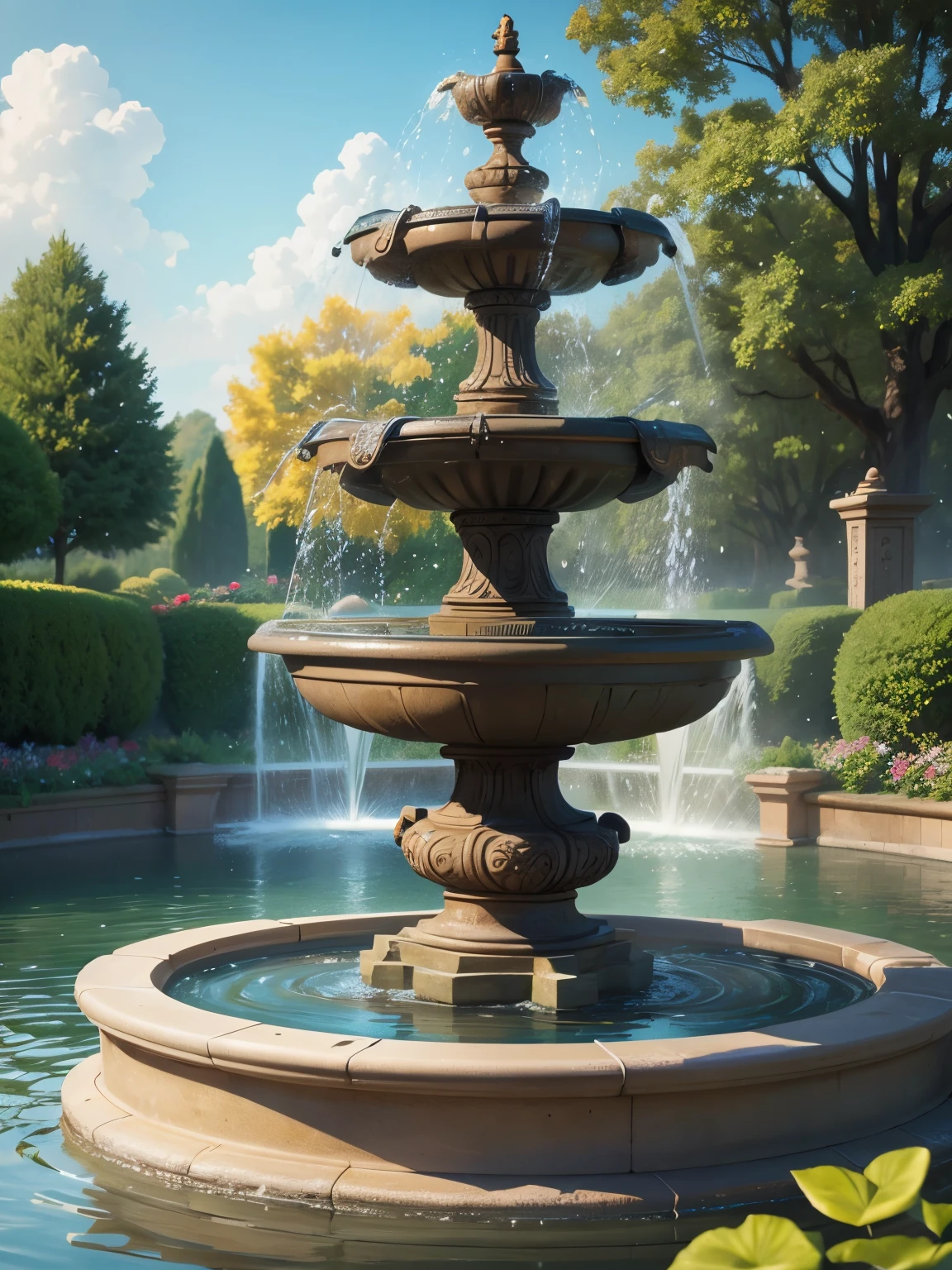 fountain, garden, ultra detailed, high quality, 8k resolution, zoom out