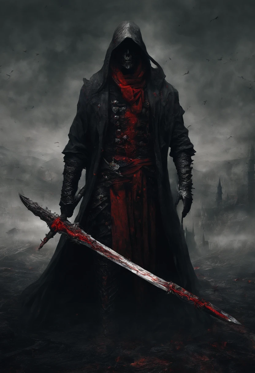 Dark swordsman with a red spear、Red scarf,disaster々world,