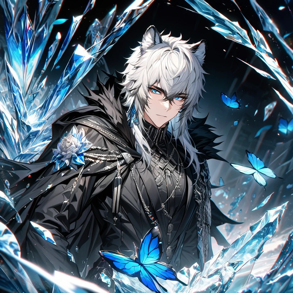 (absurdres, highres, ultra detailed, HDR) master piece, best quality, perfect face, Silverash, white hair with black bangs, vibrant blue eyes, white tiger ears, Arknights, solo, man, handsome, black clothes, black cape, black gloves, glass flowers, glass petals, glass butterflies, glass, everything made of ice glass