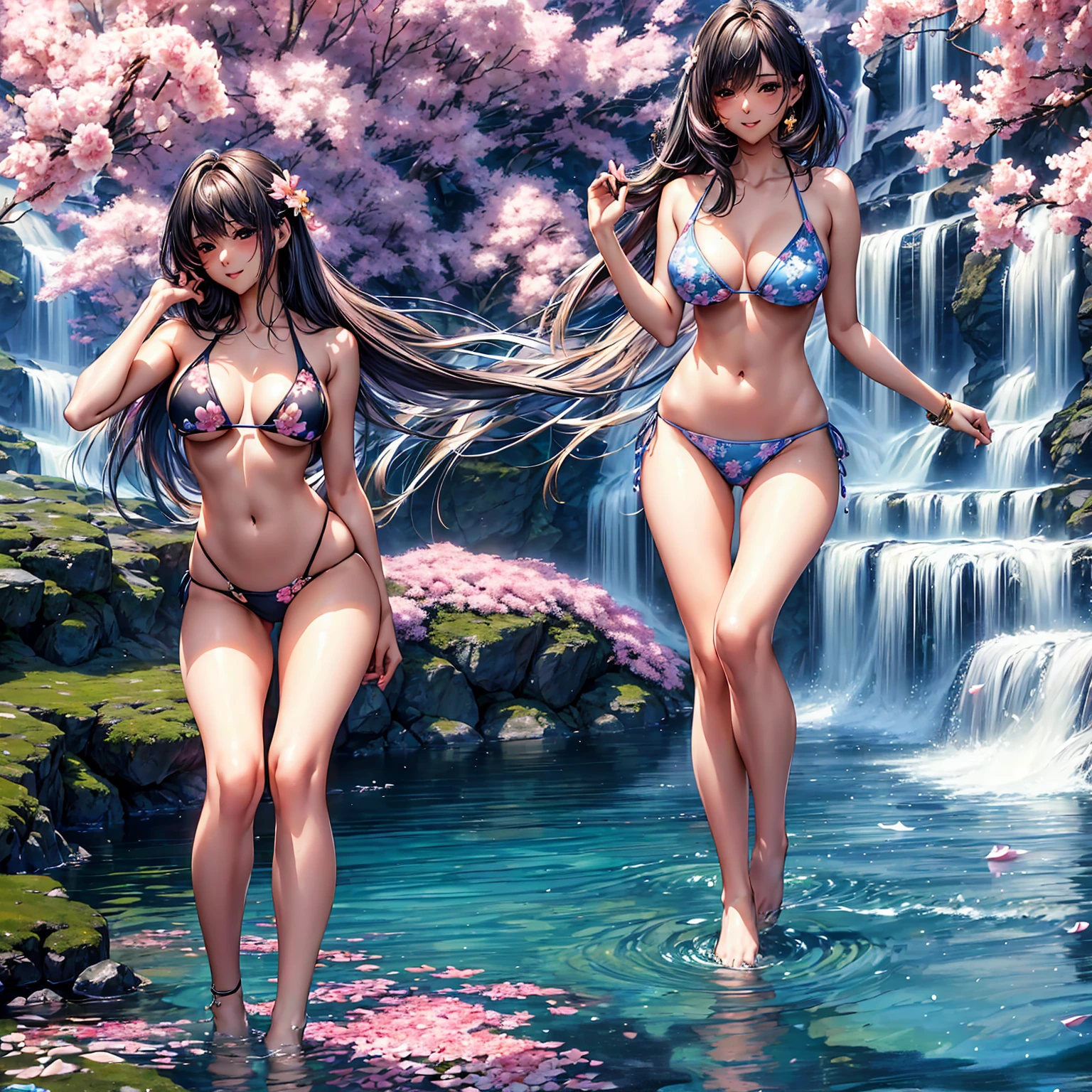 (((highest quality、masterpiece、Very high resolution、Highly detailed images)))、Beauty Painting,A woman of perfect and ultimate beauty:18-year-old, Beautiful body,Beautiful breasts、Beautiful Face:smile、Various Hair Styles、Best skin and hair texture、((Bikini Swimwear:かわいいTフロントBikini Swimwear:Floral)),Mystical Waterfront:Beautiful waterfall and flowers blooming in summer,Night Sky:Starry Sky,Natural light,Beautiful views,Beautiful colors,Model shoot:Beautiful pose,Hair blowing in the wind,Overall image、Accurate Images、Accurate anatomy、Flawless images,Perfect image,Overall image,(Best Shot,RAW Photos:1.2)
