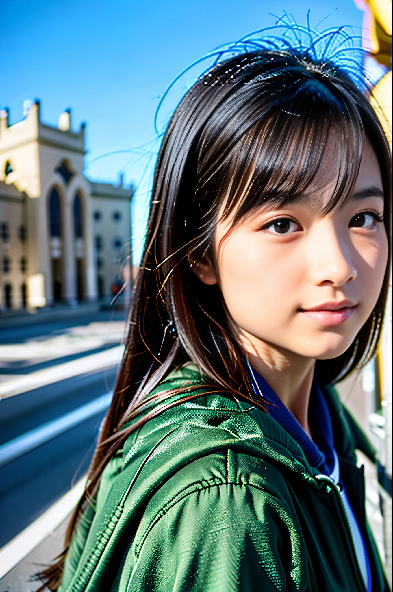 (8k, RAW Photos, highest quality, masterpiece:1.3), (Realistic, photo-Realistic:1.4), (Highly detailed 8k wallpaper), Sharp focus, Written boundary depth,
 Japanese Idols,very cute, (coat:1.3),(Long Hair : 1.4), Upper Body, Highly detailed face and eyes,((Shiny skin:1.2)), Cinema Lighting, Soft Light, Blur the background, (A city with historical buildings, Castles, cathedrals etc.)