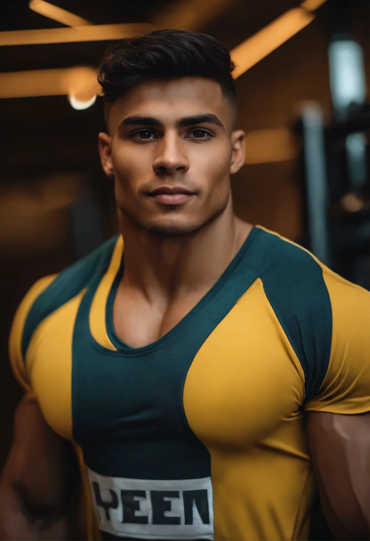 RAW photo, medium shot, bronzed male, chiseled, godlike, latin ethnicity, short black hair, age 22, muscular, athletic, smooth, wearing yellow thong, standing on a white column of marble, bathed in golden light