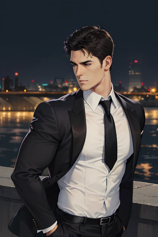 (Absurd, High resolution, Super detailed, Realistic, ), 1 male, alone, Adult, mature, Tall and muscular man, Broad shoulders, good looking, Very short hair, Black Hair, Brown eyes, Square jaw, Thick neck, Thick eyebrows, night, dark, the night view of the city background, Formal suit, tie, Upper Body