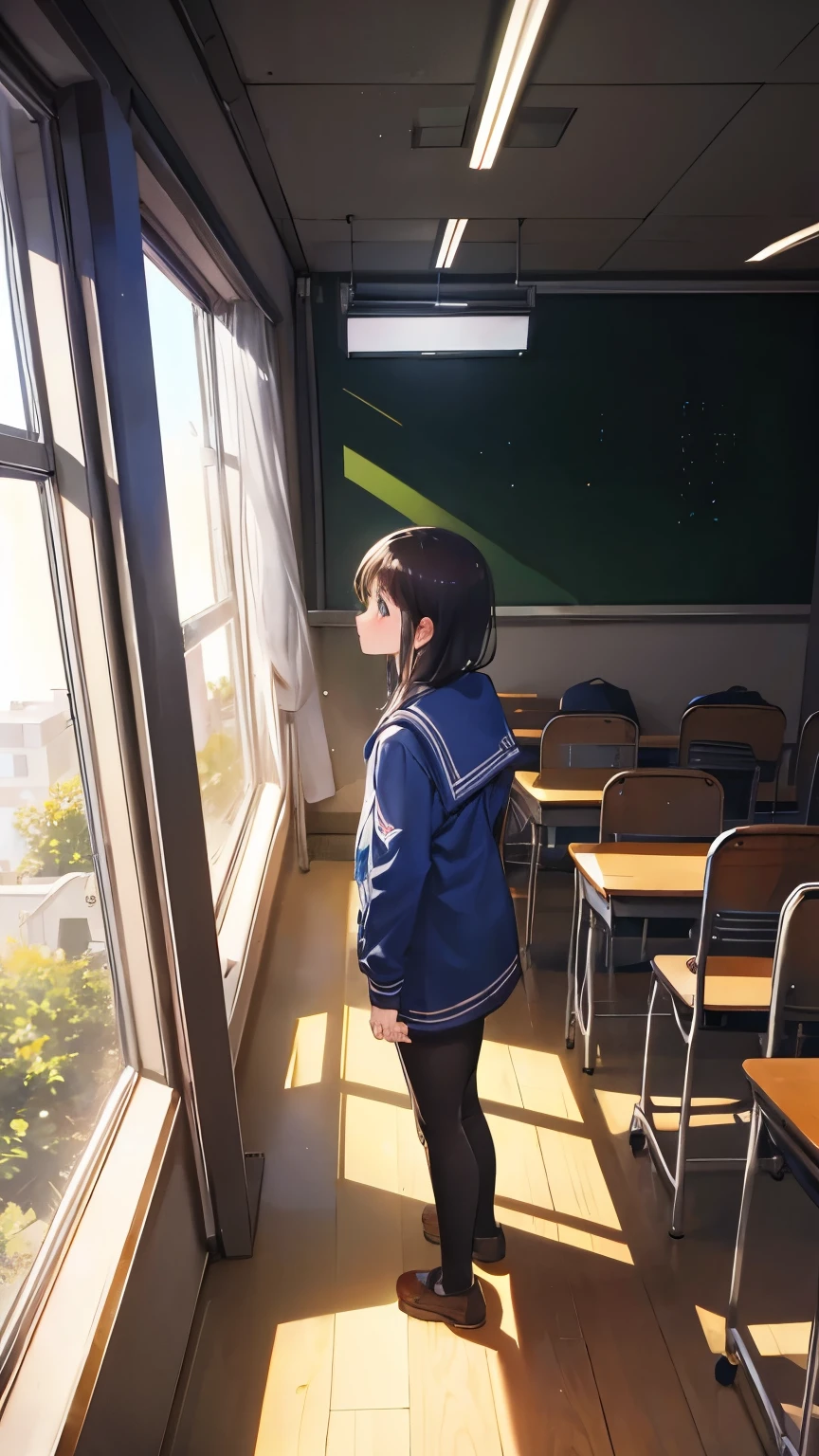 classroom with a lone student looking up