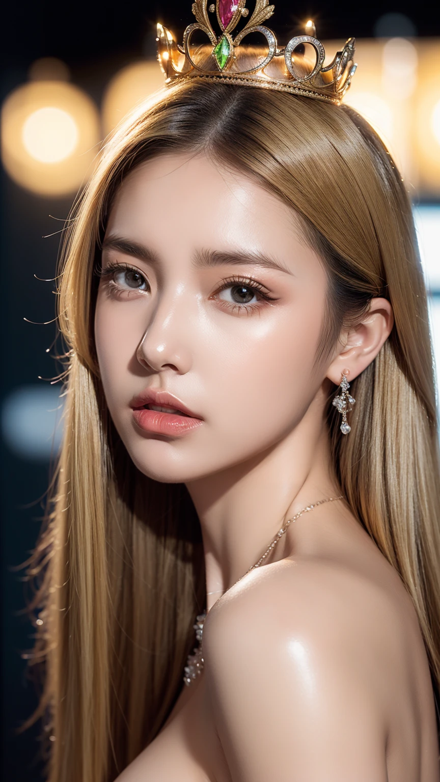 ((1 girl, Show half Body)). Ultra HD, Ultra-detailed, Highly Detailed, Ultra High Realistic, Ultra-realistic, Masterpiece:1.5, illustration:1.1, best quality:1.5, realistic, photorealistic, fine detail, perfect detail, sharp color, 4k, 8k, HDR, sharp focus, smooth detail, high resolution. (Anatomically Correct), (Detailed Realistic Skin Texture). Tall body, plump figure, huge breasts:1.5. Queen, royal, jewelry. (danilova). A gorgeous woman wearing nearly transparent dress, necklace, earrings, crown. majestic wallpaper. Long (blond hair), Beautiful face, closed mouth, closed lips, detailed face, (tempting eyes), Sensual eyes, Beautiful eyes, perfect symmetrically perfect eyes. Wearing (makeup), blush, lipstick, glossy lips, (sensual lips), eyeshadow, eyelashes. bright lights, neon lights, flashlights. Smirking at the camera.