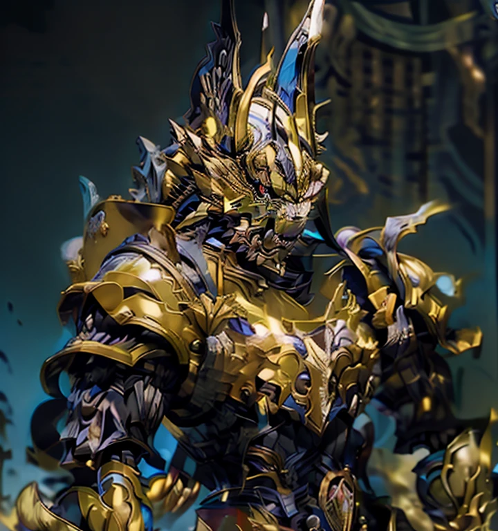 Zeraora's giant robot. (masterpiece, best quality, detailed:1.2) (Pokémon) Powered exoskeleton with the same design as Zeraora big muscle, GIANT, pecs, triceps, traps, waist narrow. with huge golden laser sword, body full of huge muscles. also have a black cloak on my back. The black cloak is so long that it touches the ground, showing off muscles, mechs, Correct limbs, detailed full body, Very muscular, Large pecs, Heavyweight, big bump, sparkling skin, Vibrant colors, 4K, Furry Heroes, Main is yellow COLOR