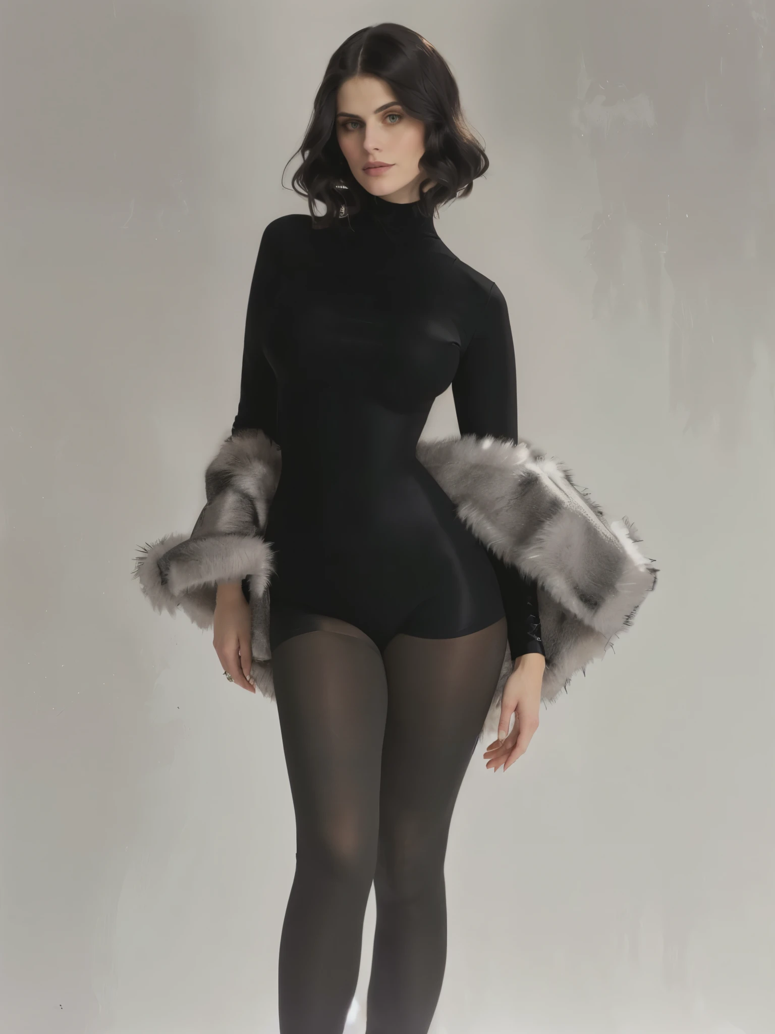 araffe woman in black tights and a fur stole, lady in black coat and pantyhose, big breasts, hourglass figure, [Alexandra Daddario], skintight black bodysuit, wearing a black bodysuit, wearing black tight clothing, pantyhose tights, skintight black clothes, black turtleneck, nylon tights, inspired by Vanessa Beecroft, tights, inspired by Emma Andijewska, tights