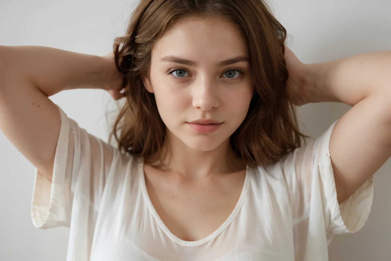jeune femme entre 19 et 24 ans se prenant blonde au yeux vert , in light clothing ,