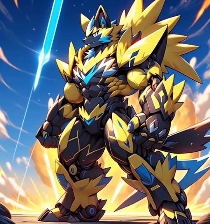Zeraora's giant robot.
(masterpiece, best quality, detailed:1.2)
(Pokémon)
Powered exoskeleton with the same design as Zeraora
big muscle,
GIANT,
pecs, triceps, traps, waist narrow.
with huge golden laser sword,
body full of huge muscles.
also have a black cloak on my back.
The black cloak is so long that it touches the ground,
showing off muscles,
mechs,
Correct limbs,
detailed full body,
Very muscular,
Large pecs,
Heavyweight,
big bump,
sparkling skin,
Vibrant colors, 4K,
Furry Heroes,
Main is yellow COLOR