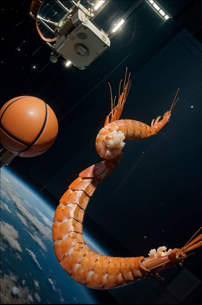 A shrimp playing basketball in space