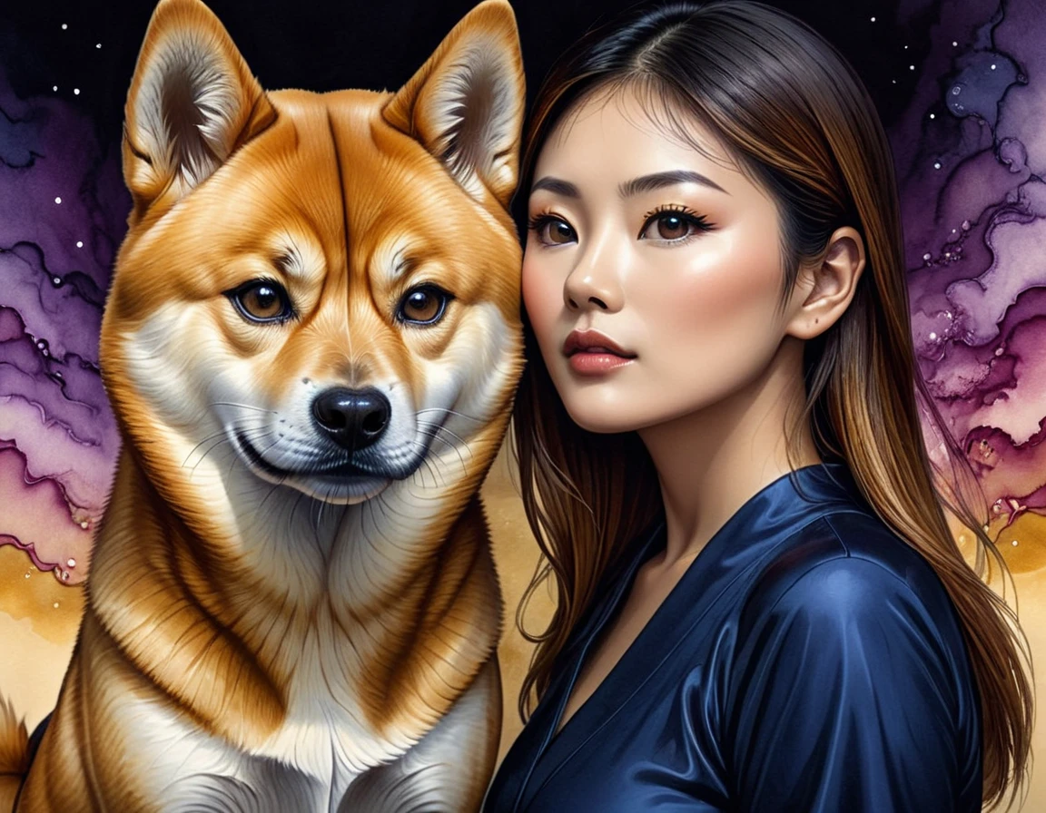 A woman gazing into the penetrating eyes of a Shiba Inu dog, bare details of the surroundings highlighting the optical illusion artistry, mastered by the skilled hand of Octavio Ocampo, stunningly capturing the shiba's curious tilt of the head, eyes that appear to be observing the woman as intently as she is the dog, Immersed in a spectral show of alcohol ink, imbued with an aura of unexplainable,  digital render, High Resolution, High Quality, Masterpiece