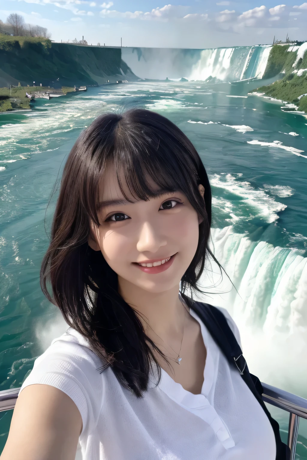 1 girl, (Wear casual clothes in spring:1.2), Very beautiful Japanese idol portraits, 
(RAW Photos, highest quality), (Realistic, Realistic:1.4), (masterpiece), 
Very delicate and beautiful, Very detailed, 2k wallpaper, wonderful, finely, very detailed CG Unity 8k wallpaper, Very detailed, High resolution, Soft Light, 
Beautiful detailed girl, Very detailed目と顔, Beautiful and detailed nose, Finely beautiful eyes, Cinema Lighting, 
(Take a photo in front of Niagara Falls on a sightseeing boat:1.3),
(Medium Hair), (Parted bangs), 
Complete Anatomy, Slender body, Small breasts, smile