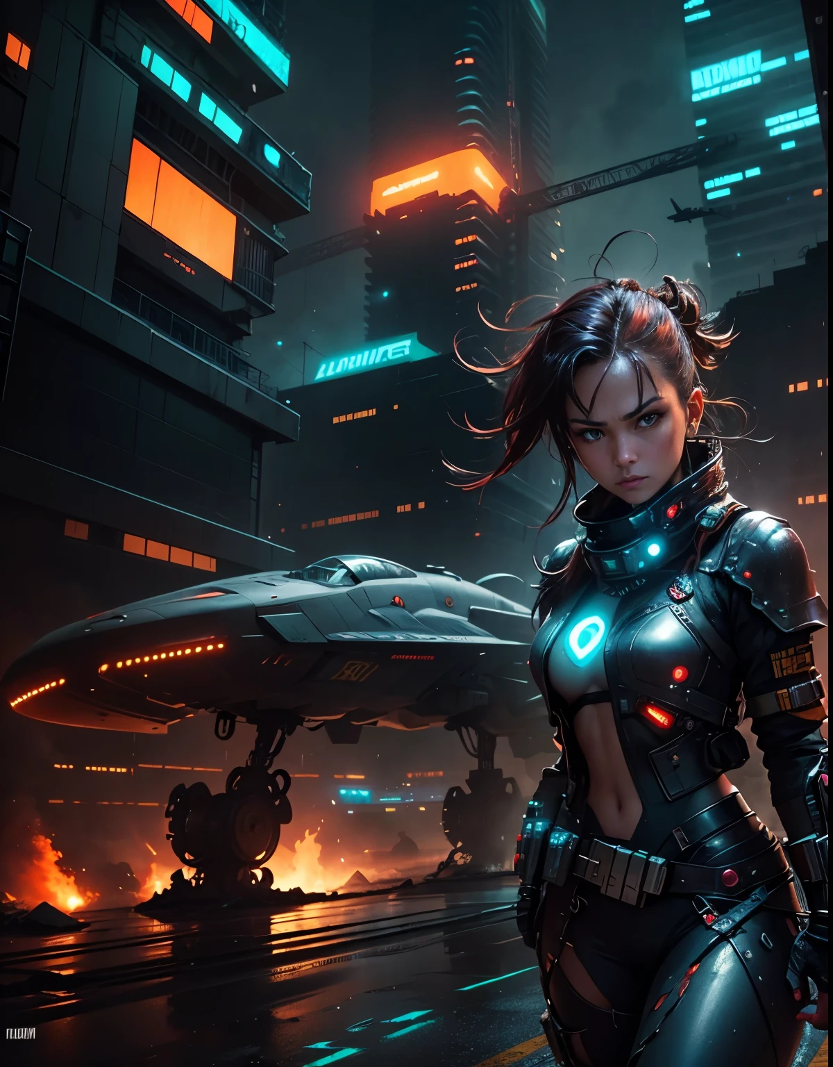 Scene:
The foreground is dominated by a breathtaking view of a cyberpunk warrior woman. Her chrome and leather armor gleams under the neon glow of the cityscape, each cybernetic enhancement a testament to her prowess. Her piercing gaze fixates on a point beyond the viewer, hinting at a hidden threat or unwavering determination.
In the background, a massive spaceship descends towards the sprawling spaceport. Its sleek, aerodynamic hull is marred by patches of flickering red, suggesting a fire raging within. Smoke and sparks billow from its underbelly, casting an ominous orange haze on the landing platform below.
Details:
The warrior woman's cybernetic enhancements could include a glowing eye implant, a concealed arm cannon, or reinforced exoskeletal limbs.
The cityscape is a chaotic blend of towering megastructures, neon advertisements, and flickering holographic displays. Rain slicks the metallic streets, reflecting the vibrant lights in a kaleidoscope of colors.
The spaceship's design hints at its troubled arrival. Burn marks scorch its surface, and emergency lights flash frantically. Cargo containers dangle precariously from its damaged hull.
Mood:
The scene evokes a sense of tension, urgency, and defiance. The warrior woman stands poised for action, her confident stance a stark contrast to the turmoil brewing in the background. The fiery spaceship foreshadows an impending crisis, yet the warrior's unwavering gaze suggests a flicker of hope amidst the chaos.