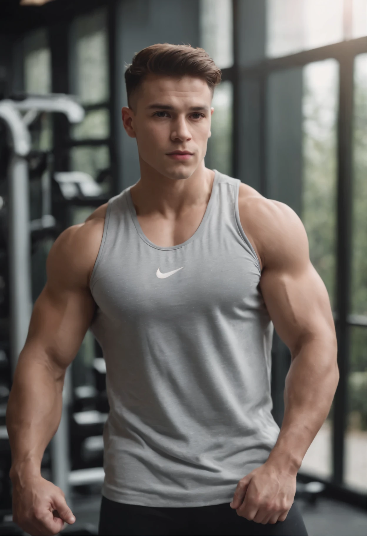 homem jovem, alto, de pele clara, Strong physique and gym attire, 8K resolution