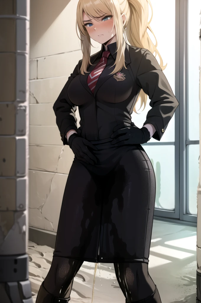 samus aran, facing viewer, ponytail, large breasts, hair tie, black suit, black business outfit, necktie, (long pencil skirt:1.5), pantyhose, (standing straight1.5), peeing herself, (wetting herself:1.5), very large peeing stain, huge pee stain, best quality, ultra-detailed, HDR, studio lighting, professional, vivid colors, sharp focus, physiologically-based rendering, bokeh, landscape, soft lighting, dynamic shadows, (hands on hips:2.0), embarrassed, humiliation, blushing, angry, tears, (desert:1.5), (sand:1.5), rocks, (canyon:1.5), (day:1.5), (daytime:1.5)